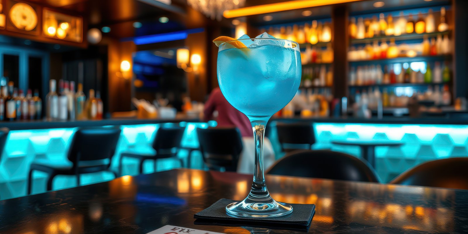 Elegant blue cocktail served in a stylish bar with vibrant lighting and a sophisticated atmosphere